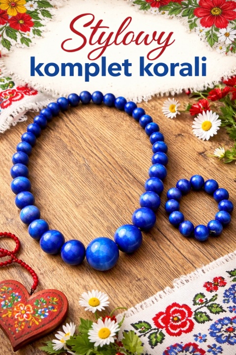 Drewniane korale - zestaw z bransoletką, kolor granat