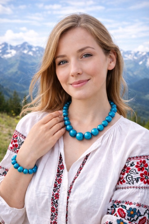 Drewniane korale niebieskie - zestaw z bransoletką