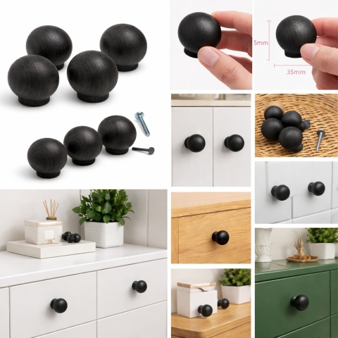 Gałki drewniane do mebli 4 szt | uchwyty meblowe kuliste | gałki do szafek komody szuflad