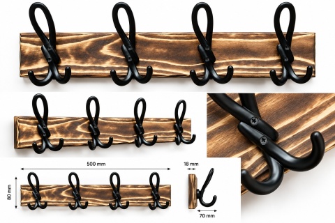Listwa wieszakowa 50 cm – opalana deska z 4 metalowymi hakami