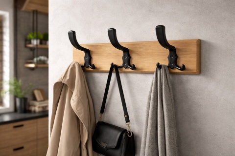 Listwa wieszakowa dąb 375 mm – lakierowana, metalowe haczyki