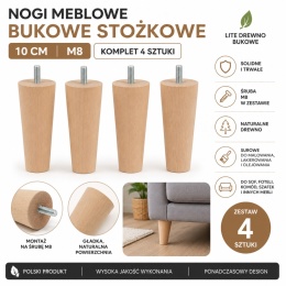 NOGA MEBLOWA BUKOWA STOŻKOWA 10 CM SUROWA ZE ŚRUBĄ M8 – KOMPLET 4 SZTUKI