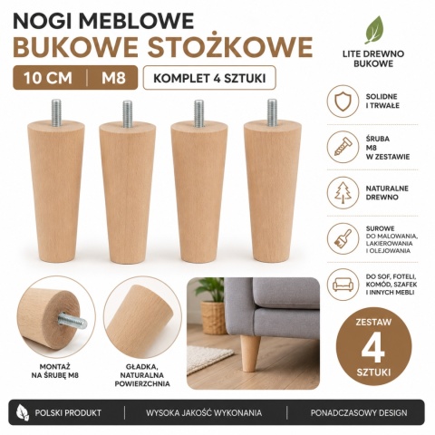 NOGA MEBLOWA BUKOWA STOŻKOWA 10 CM SUROWA ZE ŚRUBĄ M8 – KOMPLET 4 SZTUKI