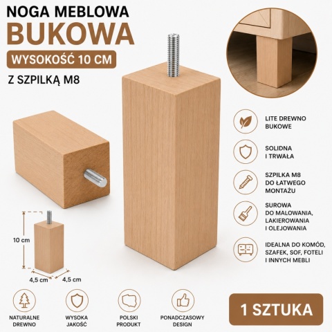 Noga Meblowa Bukowa 10 cm Drewniana Surowa Szpilka M8