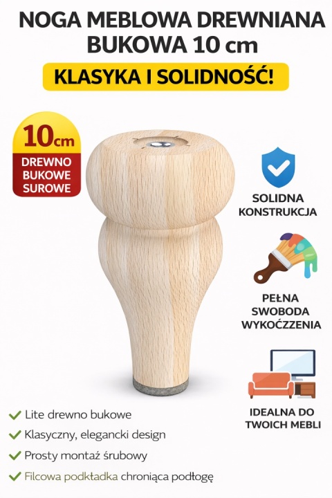 NOGA MEBLOWA DREWNIANA BUKOWA 10 cm – KLASYCZNA – SUROWA – 1 SZTUKA