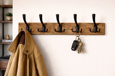 Wieszak ścienny drewniany 5 haczyków LOFT industrial do przedpokoju łazienki 62,5 cm