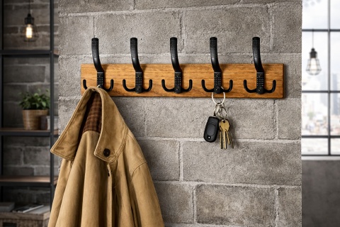 Wieszak ścienny drewniany 5 haczyków LOFT industrial do przedpokoju łazienki 62,5 cm